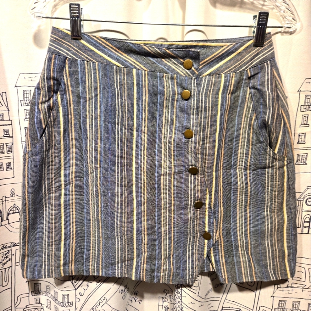 EUC Women's Asymmetrical Blue/Tan Striped Fashion on Earth Miniskirt Size Medium